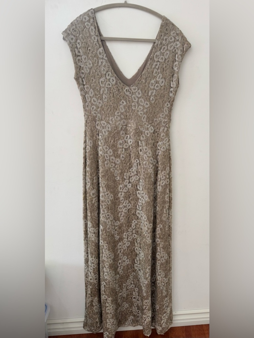 Tiffany Rose Maternity Evening Gown in Beaded Sparkly Taupe and Cream - Picture 2 of 6